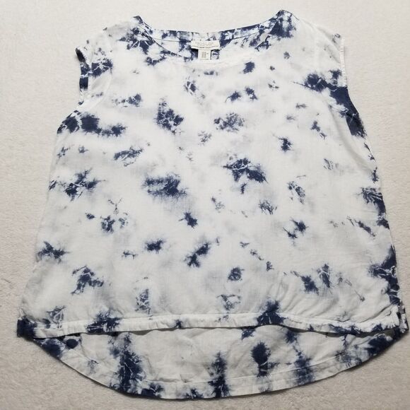 Rachel Zoe XL Linen Top Blue White Tie Dye Cap Sleeves Hi Low Beach Coastal - Picture 1 of 8